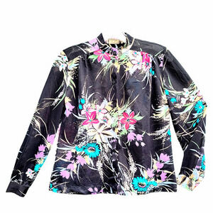 Teddi California‎ Vintage 70s Sheer Tropical High Collar Long Sleeve Blouse Top